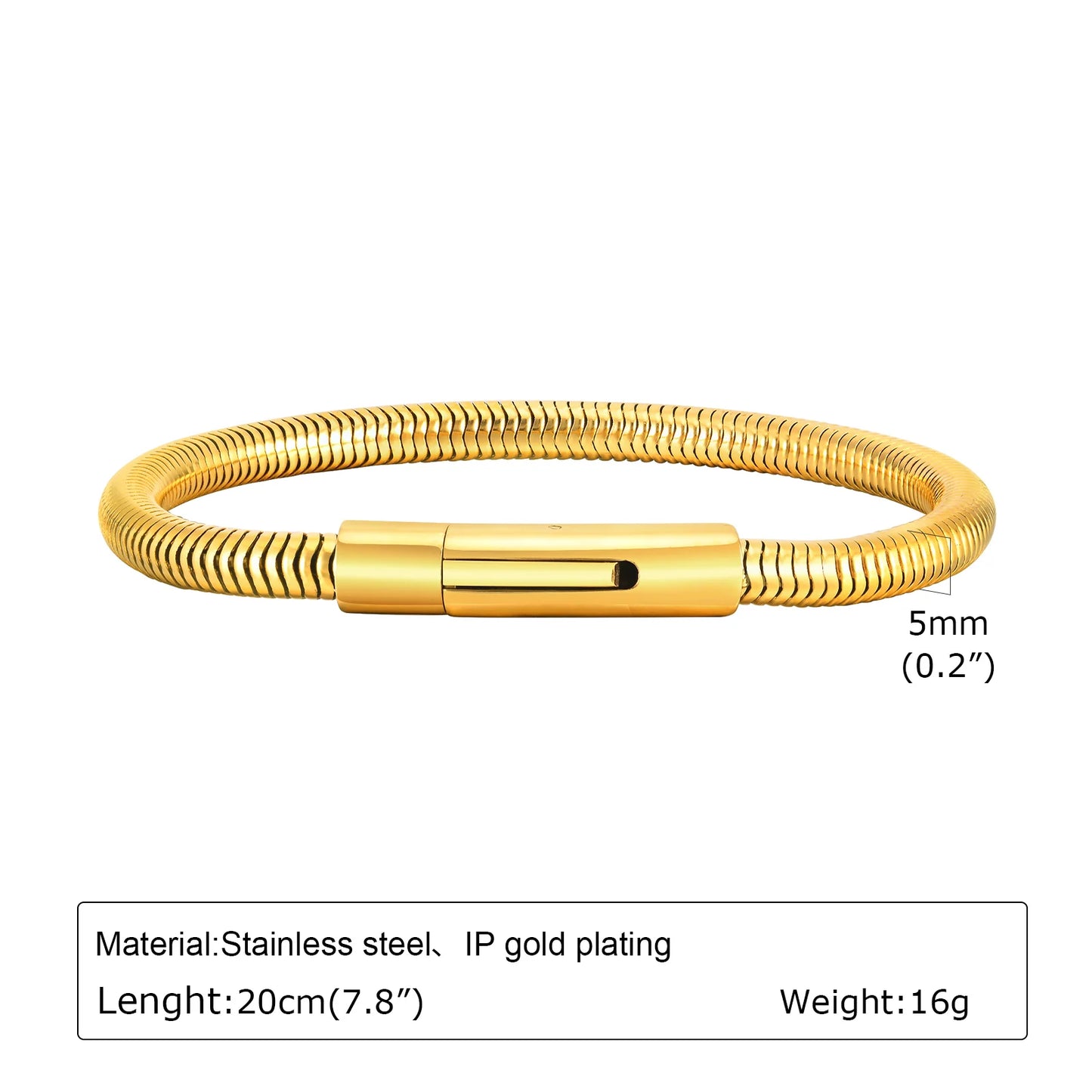 Punk Round Snake Chain Bracelets for Men Boys,Gold/Black/Silver Color Cylindrical Stainless Steel Bracelet,Male Jewelry Gifts
