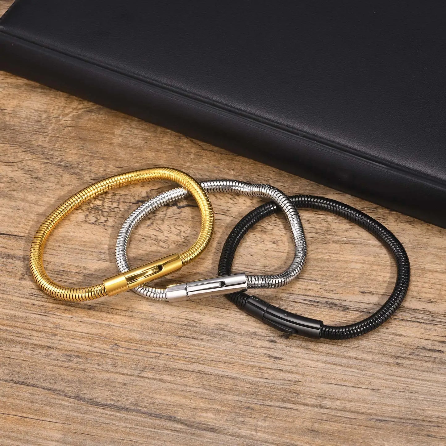 Punk Round Snake Chain Bracelets for Men Boys,Gold/Black/Silver Color Cylindrical Stainless Steel Bracelet,Male Jewelry Gifts