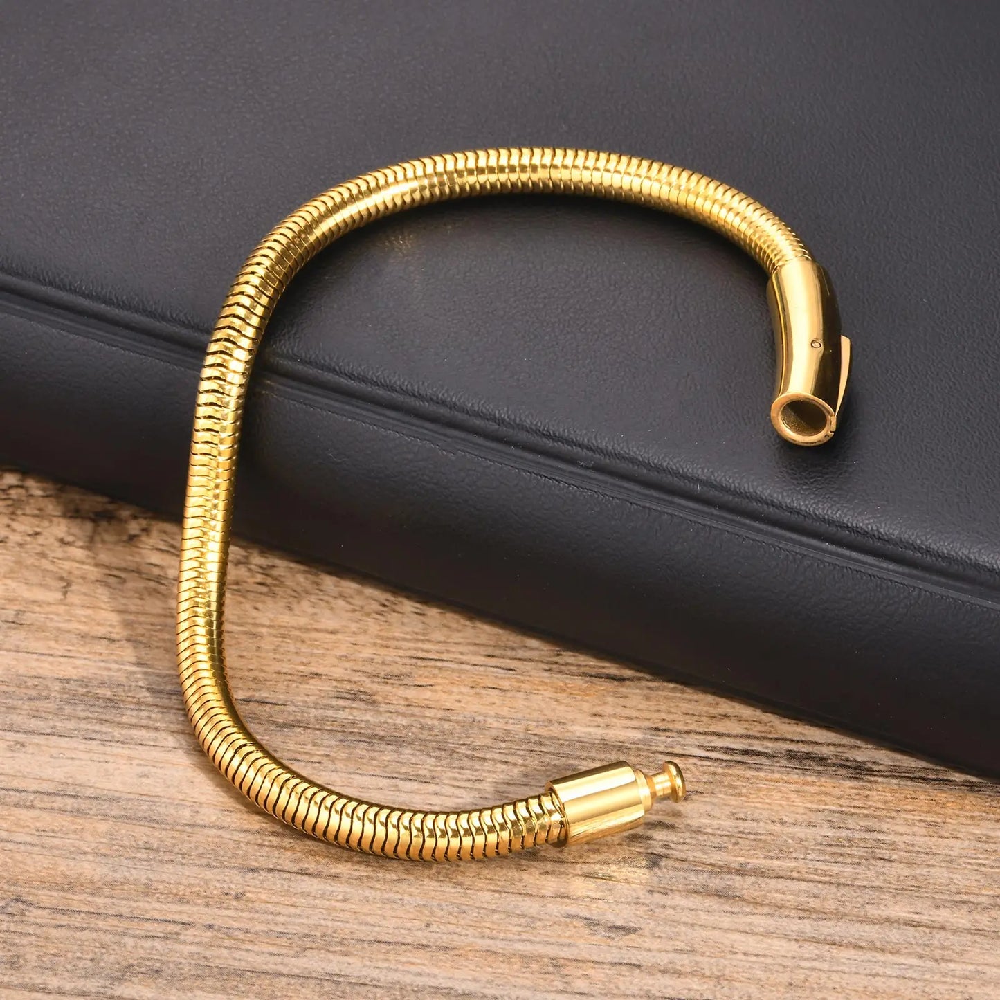 Punk Round Snake Chain Bracelets for Men Boys,Gold/Black/Silver Color Cylindrical Stainless Steel Bracelet,Male Jewelry Gifts